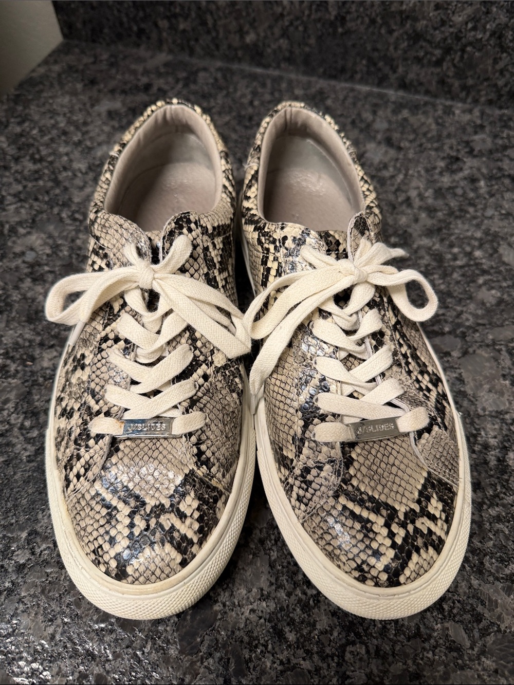 J Slides Snake-Print Lace-Up Sneakers in Cream and Black